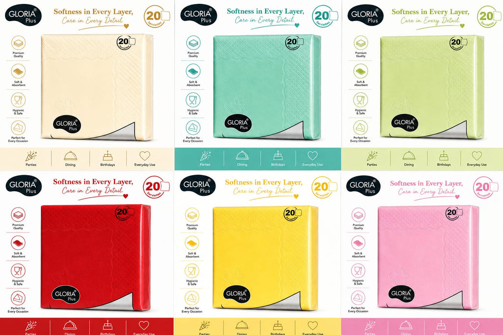 Gloria Hi Fi 20 pulls 3 Ply coloured Napkins(Pack of 10 different colours)