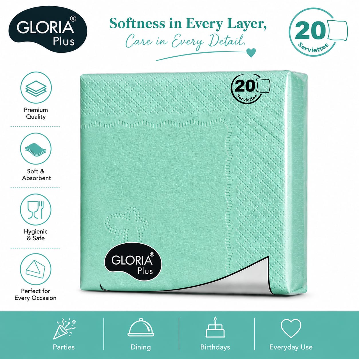 Gloria Hi Fi 20 pulls 3 Ply coloured Napkins(Pack of 10 different colours)