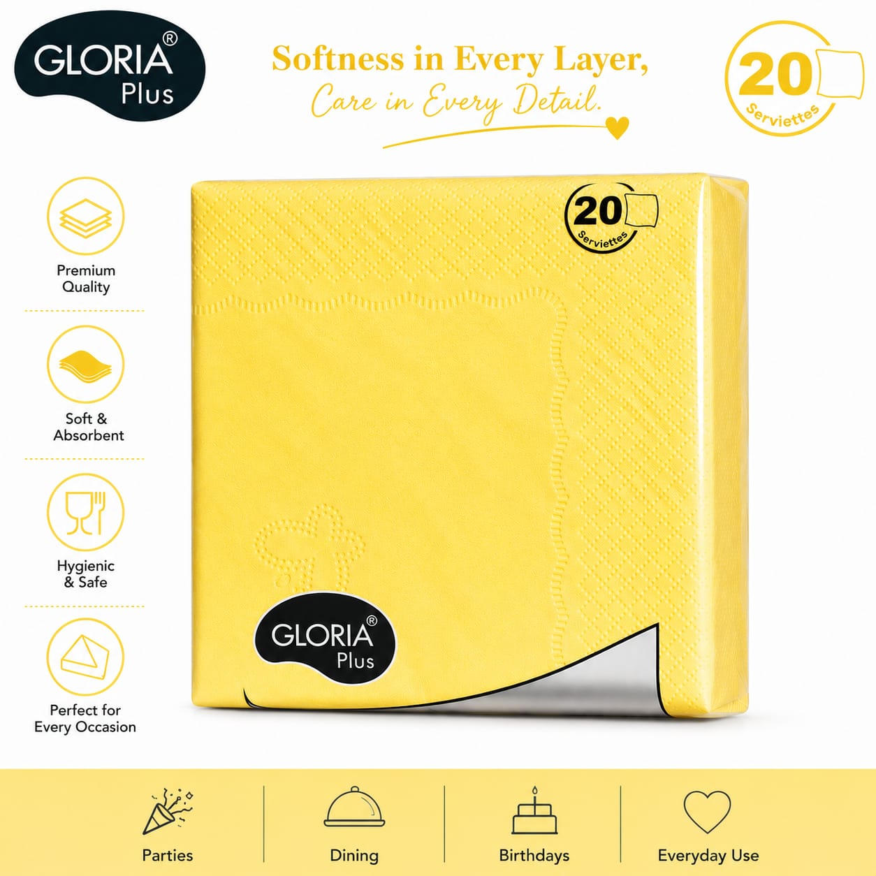 Gloria Hi Fi 20 pulls 3 Ply coloured Napkins(Pack of 10 different colours)